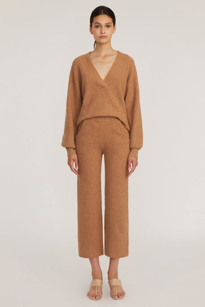 Arie Ribbed Cashmere Blend Pant in Camel