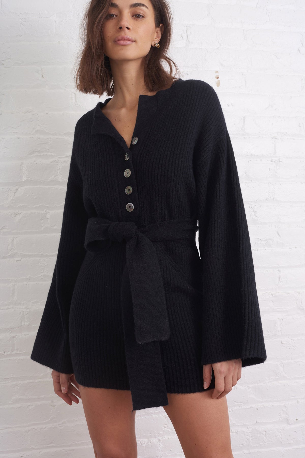 Arie Ribbed Cashmere Blend Henley Mini Sweater Dress