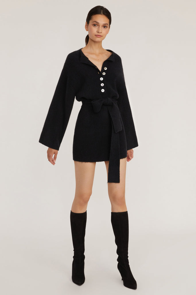 Arie Ribbed Cashmere Blend Henley Mini Sweater Dress