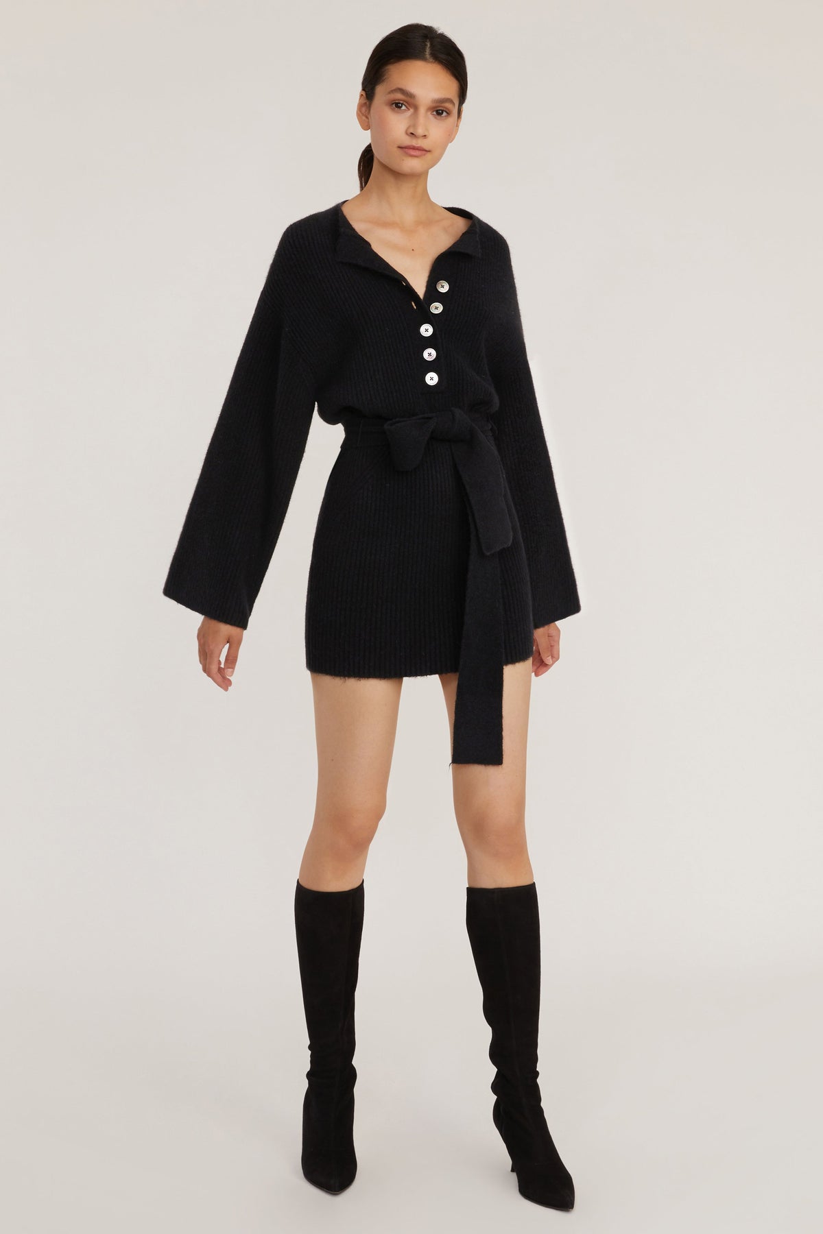 Arie Ribbed Cashmere Blend Henley Mini Sweater Dress