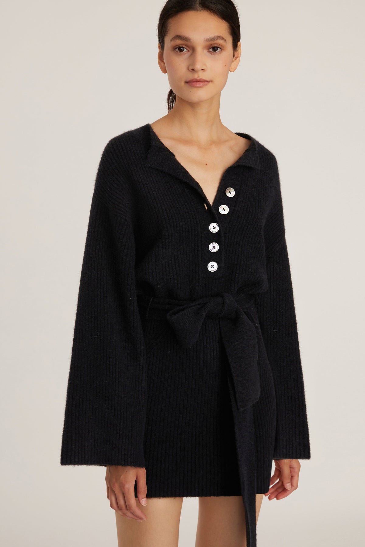 Arie Ribbed Cashmere Blend Henley Mini Sweater Dress