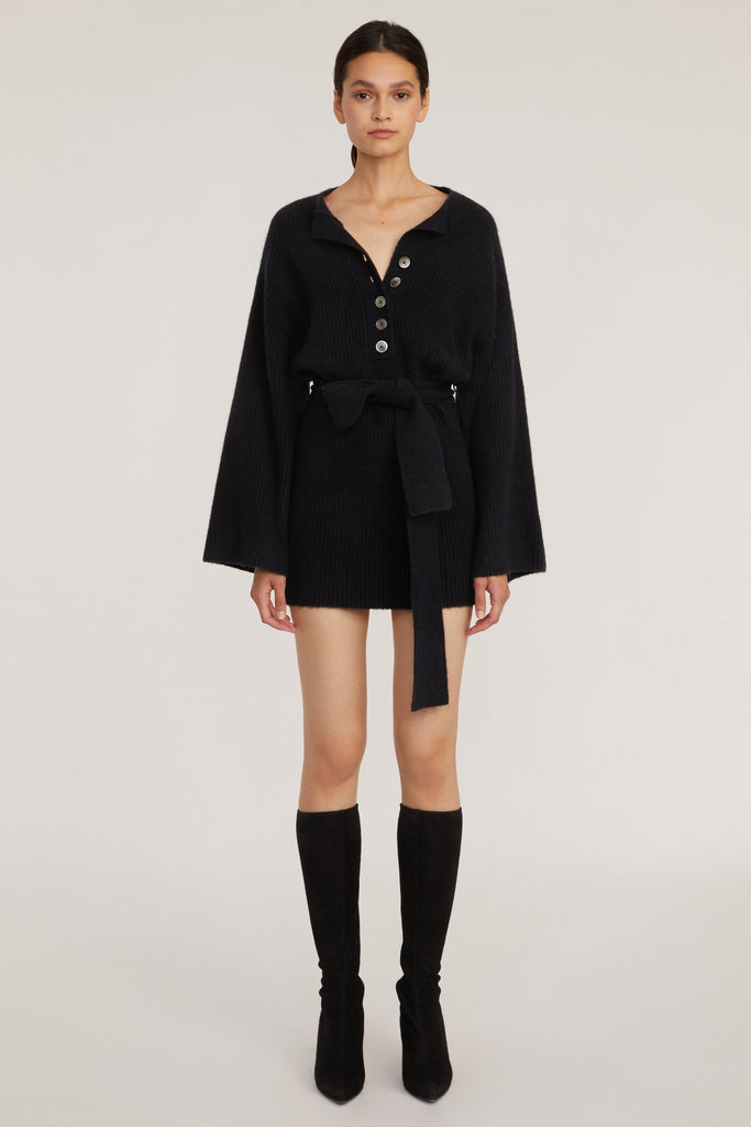 Arie Ribbed Cashmere Blend Henley Mini Sweater Dress