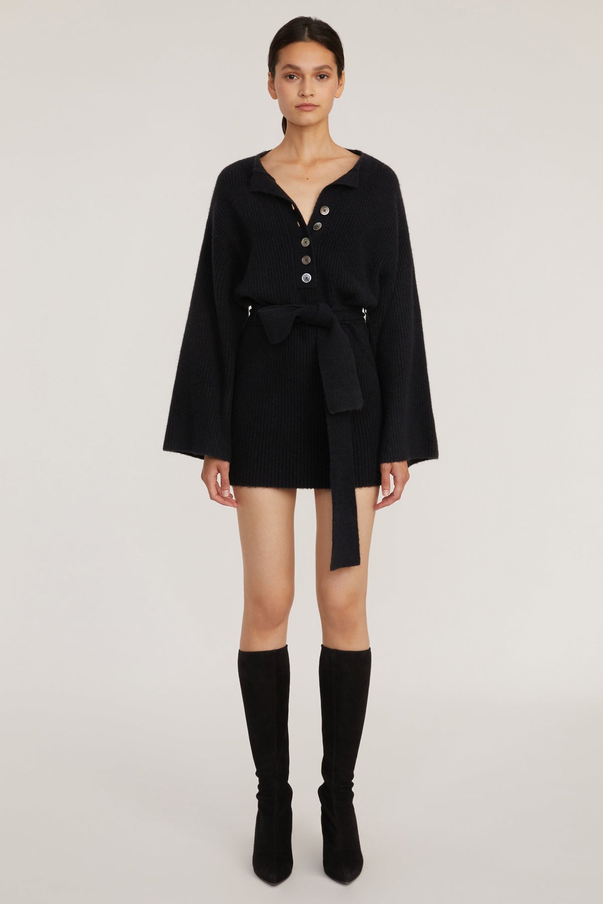 Arie Ribbed Cashmere Blend Henley Mini Sweater Dress