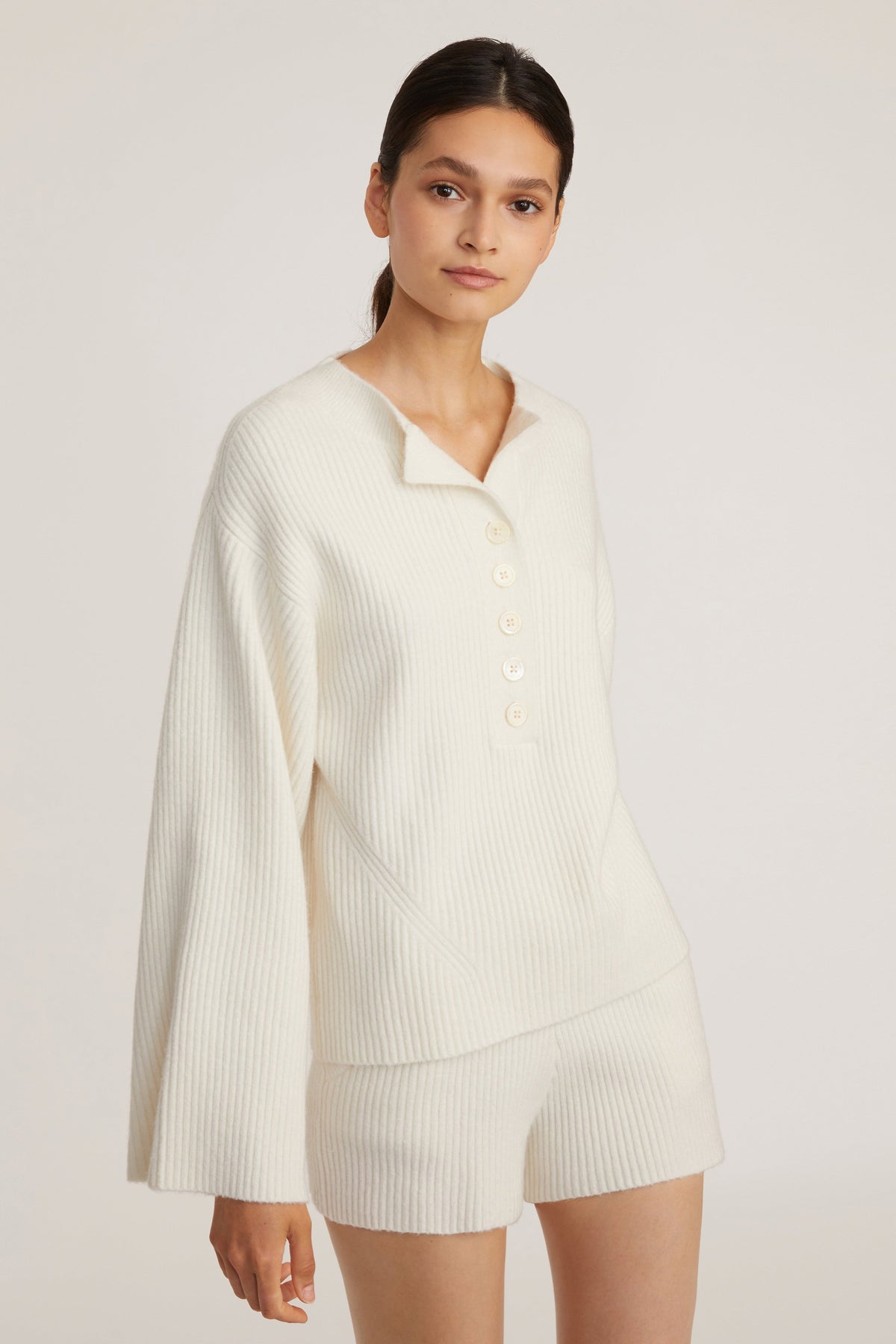 Arie Ribbed Cashmere Blend Henley Sweater in Cream