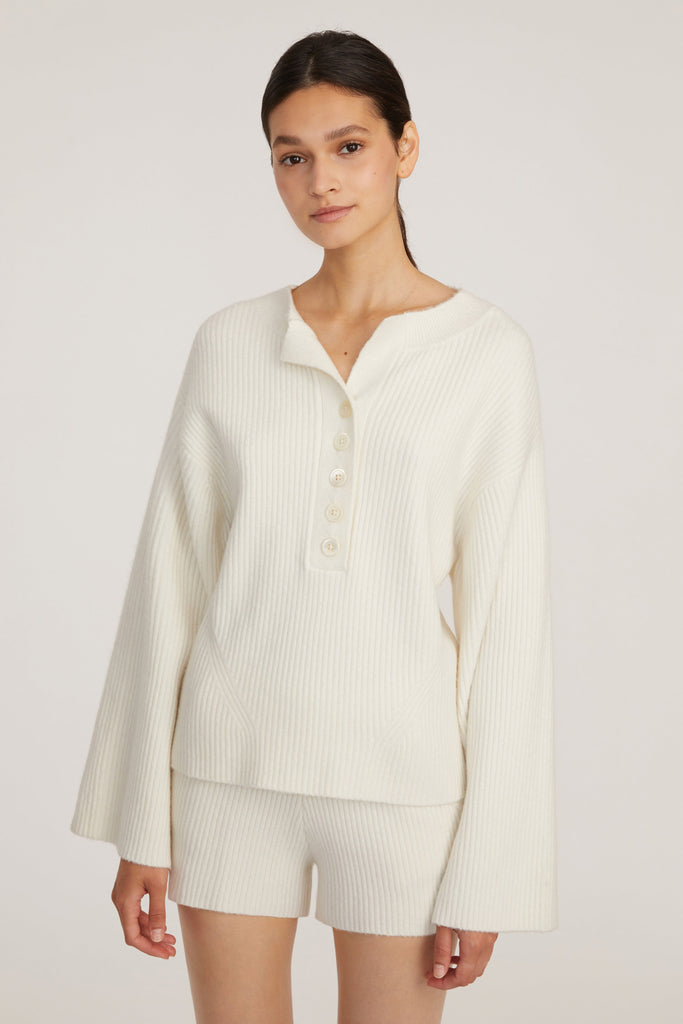 Arie Ribbed Cashmere Blend Henley Sweater in Cream