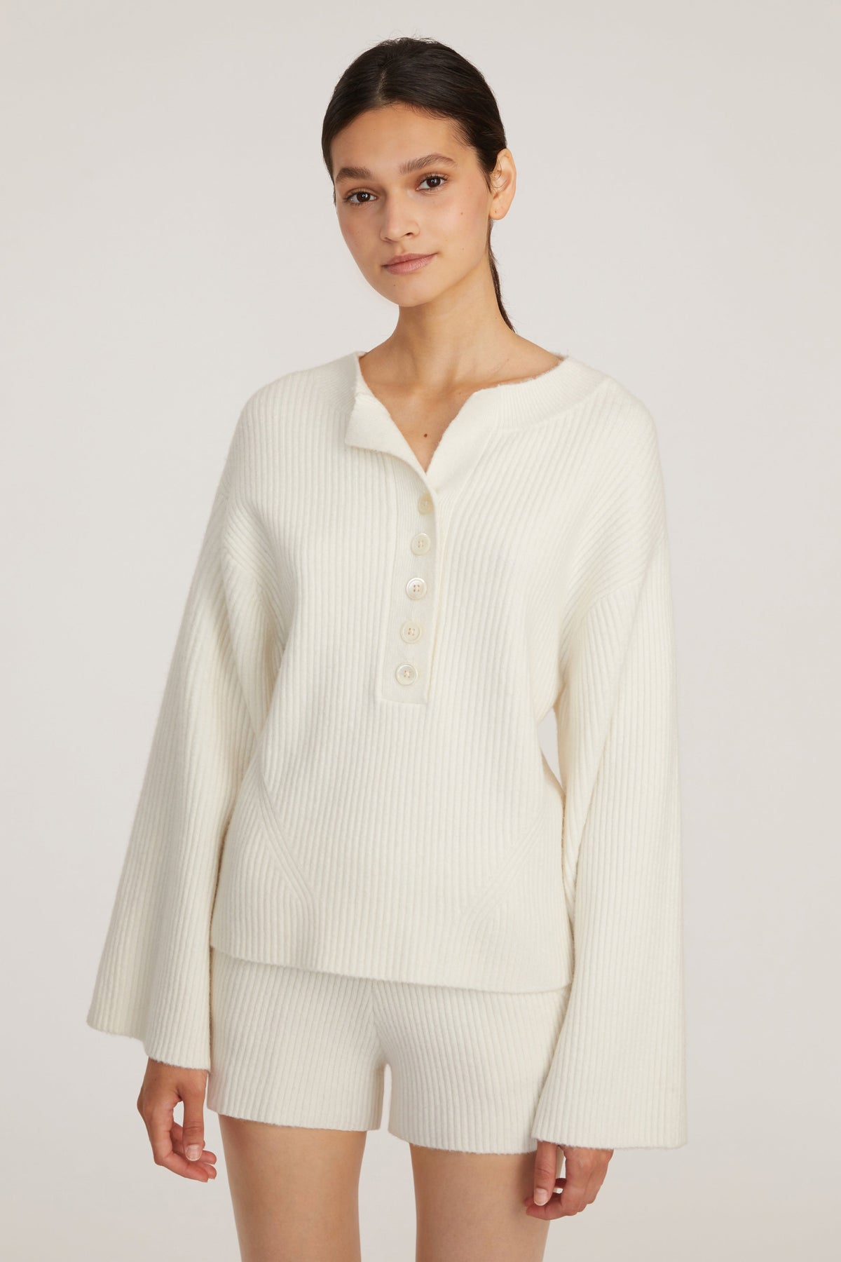 Arie Ribbed Cashmere Blend Henley Sweater in Cream
