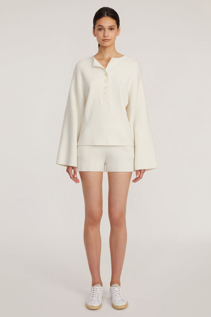 Arie Ribbed Cashmere Blend Henley Sweater in Cream