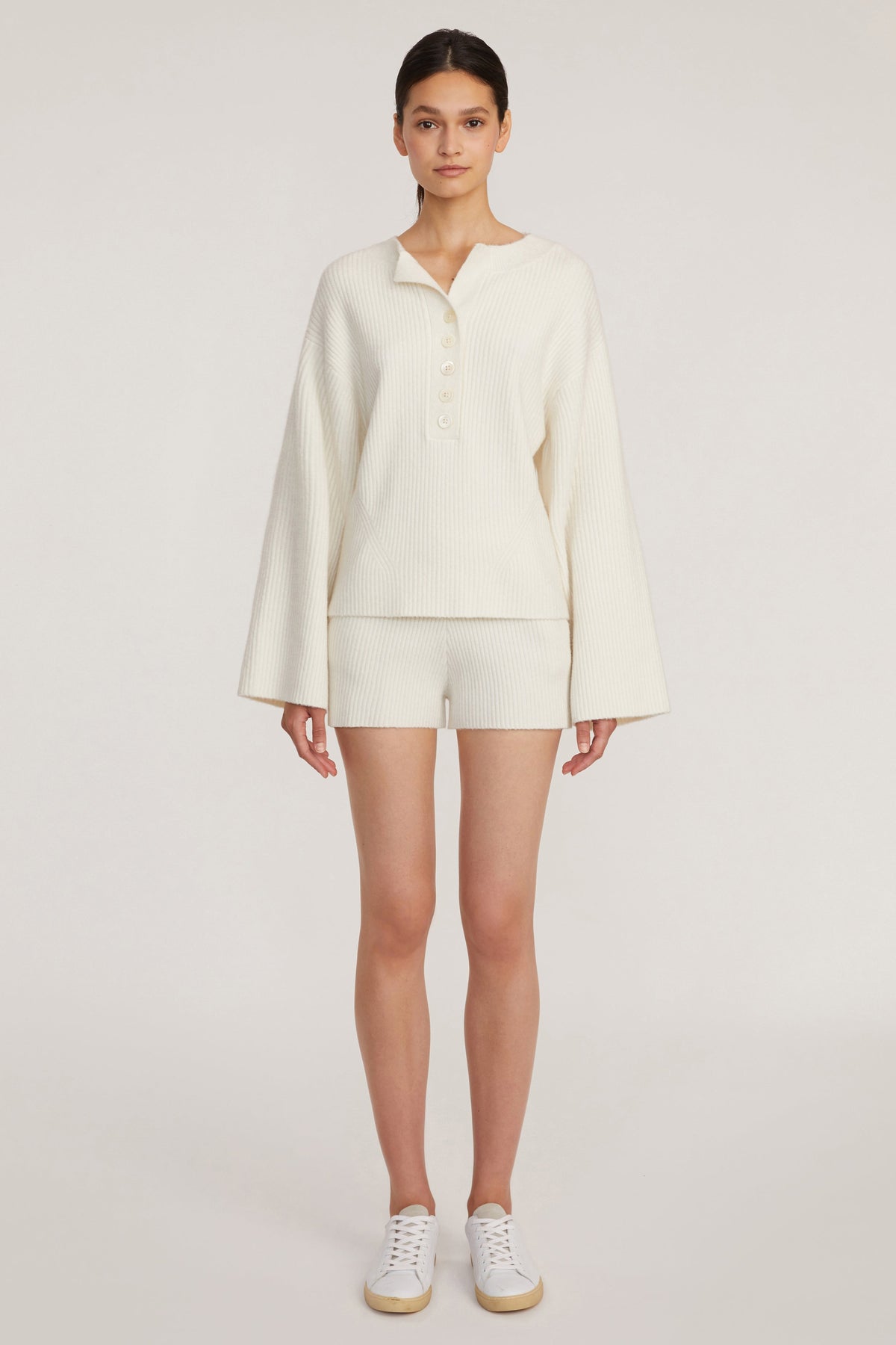Arie Ribbed Cashmere Blend Henley Sweater in Cream