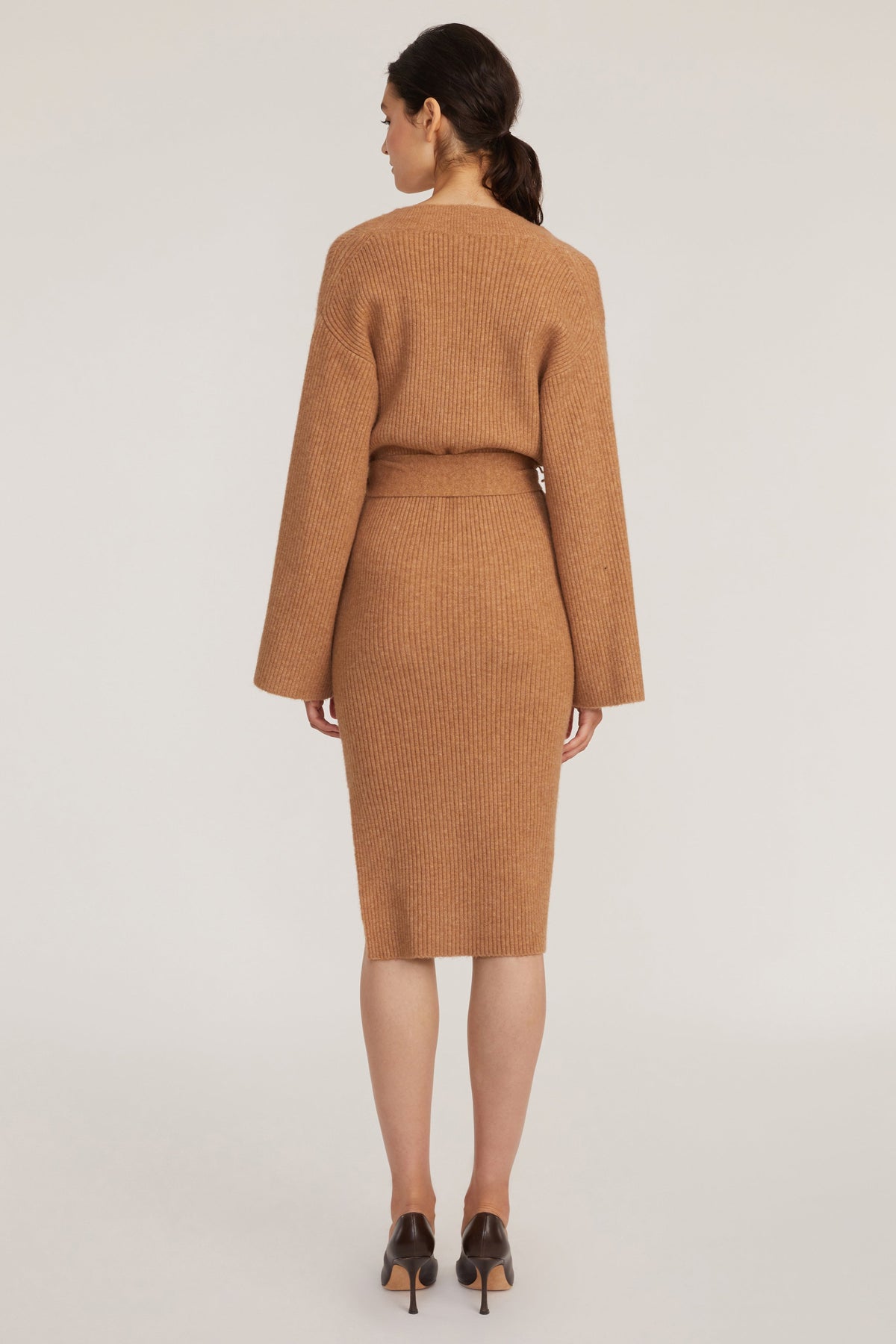 Arie Ribbed Cashmere Blend Henley Midi Sweater Dress in Camel