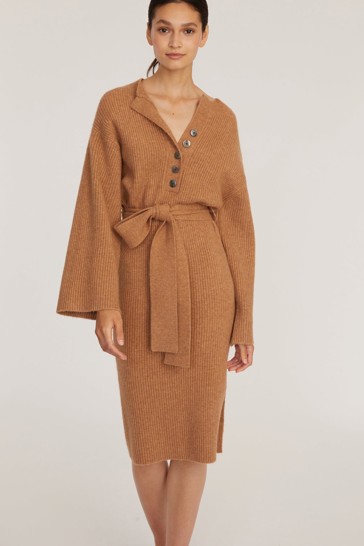 Arie Ribbed Cashmere Blend Henley Midi Sweater Dress in Camel