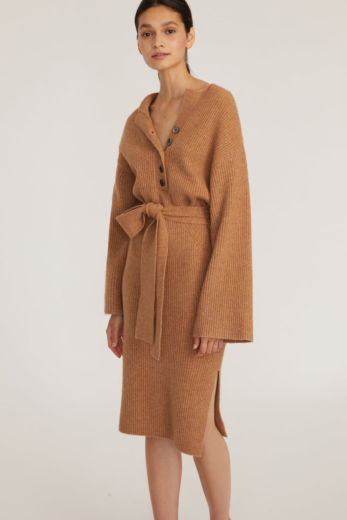 Arie Ribbed Cashmere Blend Henley Midi Sweater Dress in Camel