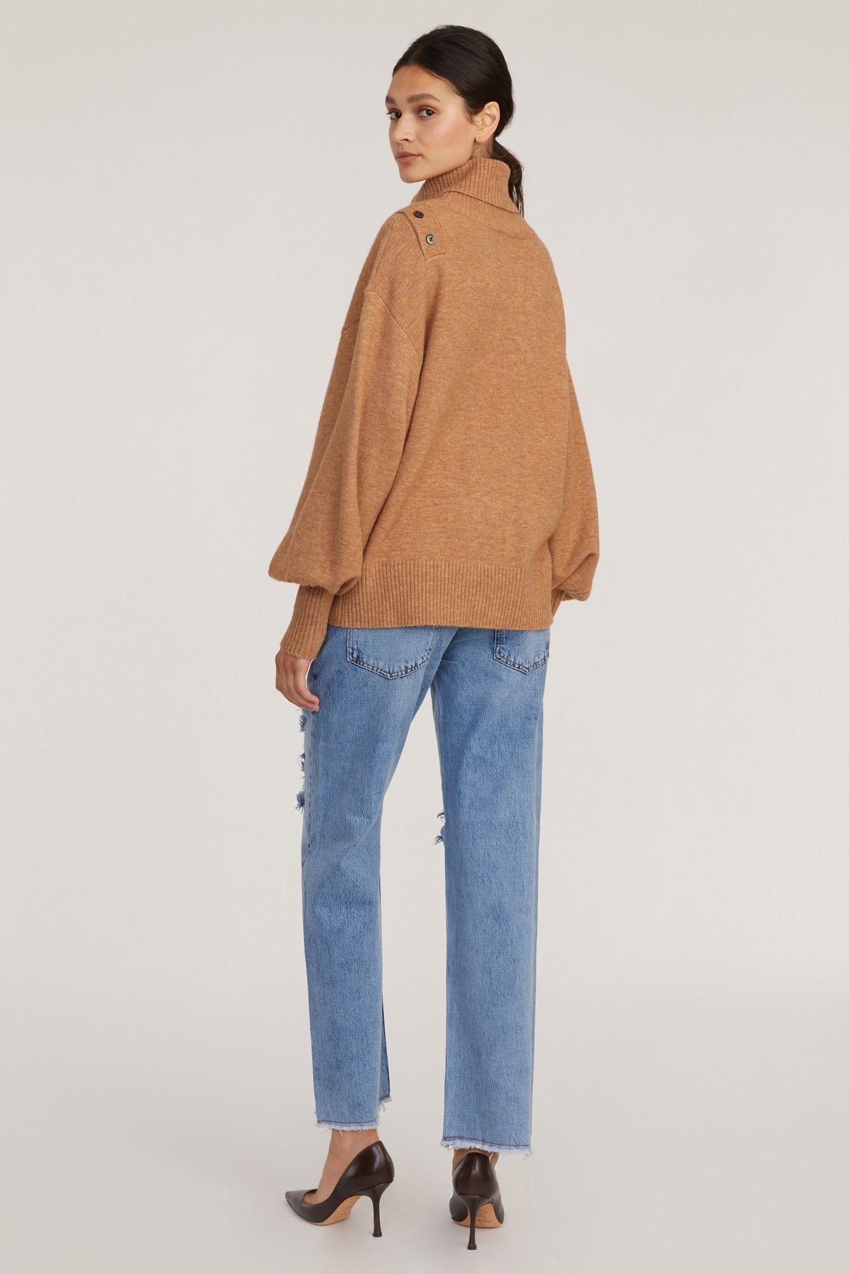 Blake Button Cashmere Blend Turtleneck Sweater in Camel