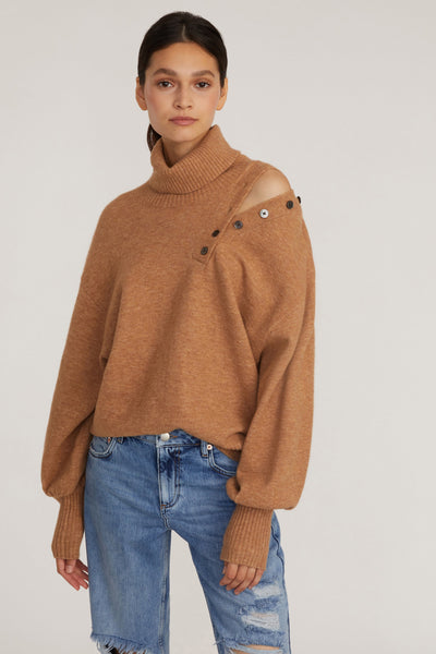 Blake Button Cashmere Blend Turtleneck Sweater in Camel | MARISSA WEBB