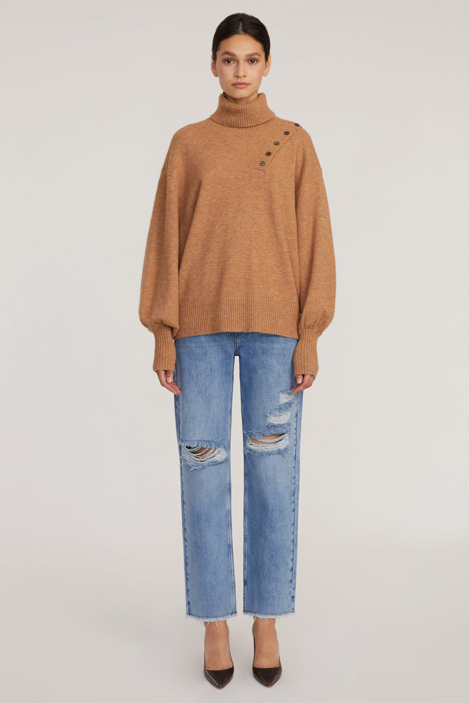 Blake Button Cashmere Blend Turtleneck Sweater in Camel