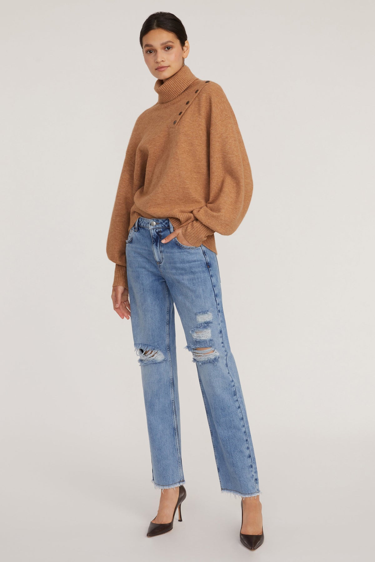 Blake Button Cashmere Blend Turtleneck Sweater in Camel