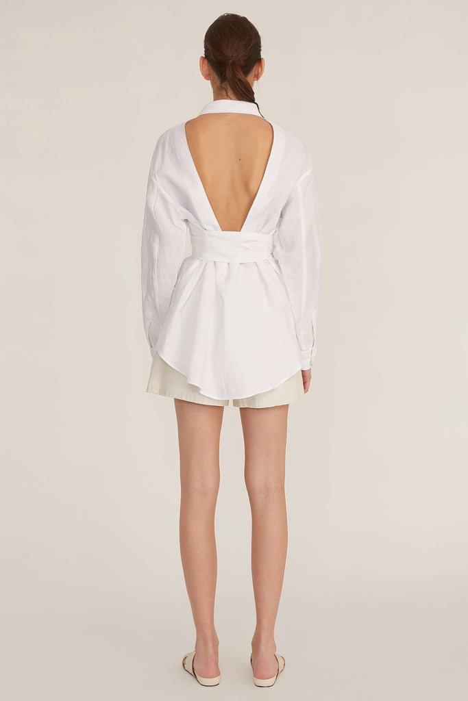Brett Linen U-Back Button Down in Linen White