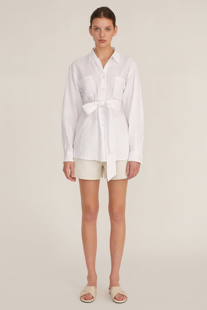 Brett Linen U-Back Button Down in Linen White