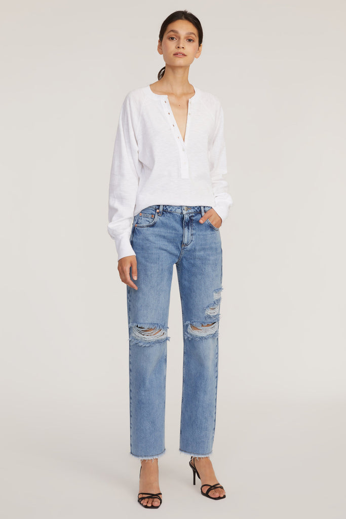 Dylan Distressed Washed Denim Pant in Indigo Medium Stone Wash