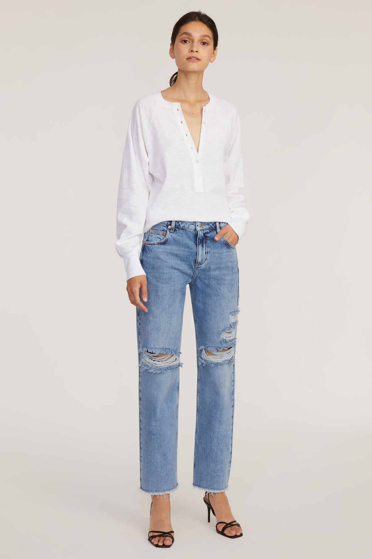 Dylan Distressed Washed Denim Pant in Indigo Medium Stone Wash