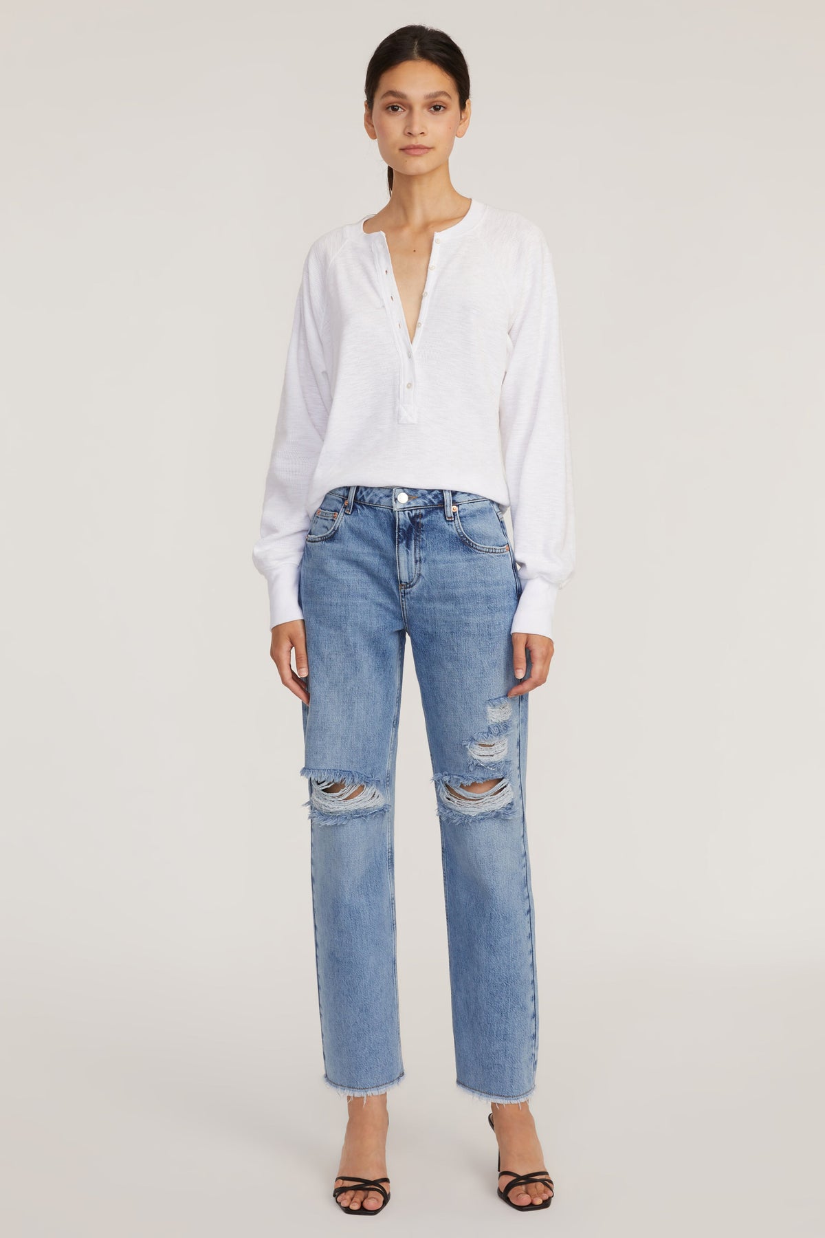 Dylan Distressed Washed Denim Pant in Indigo Medium Stone Wash