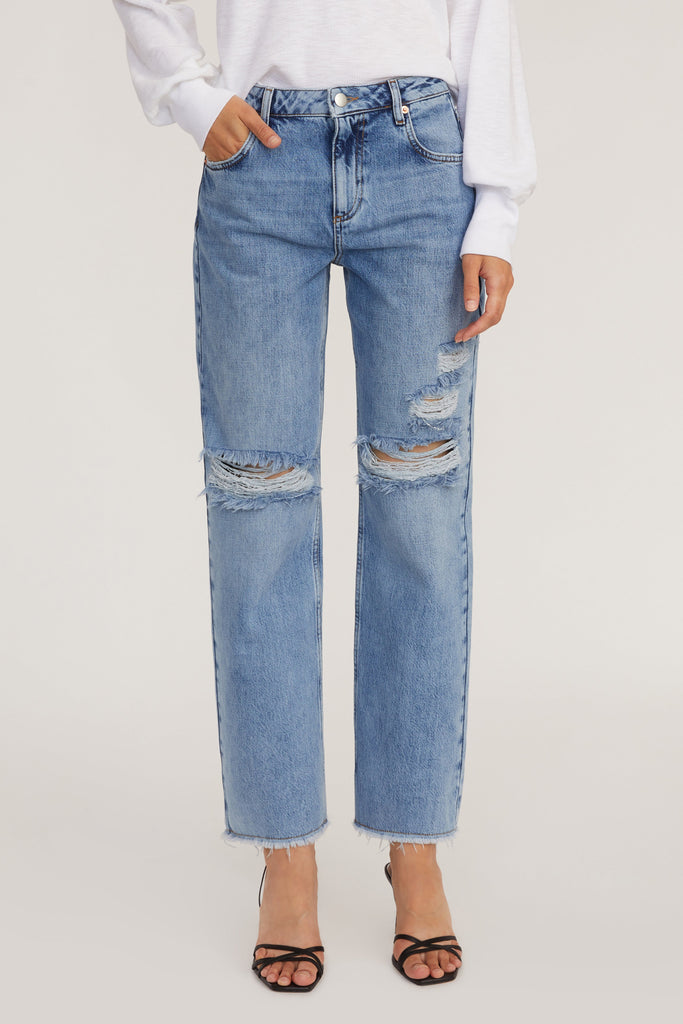 Dylan Distressed Washed Denim Pant in Indigo Medium Stone Wash