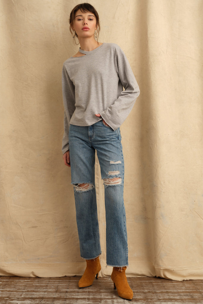 Dylan Distressed Washed Denim Pant in Indigo Medium Stone Wash