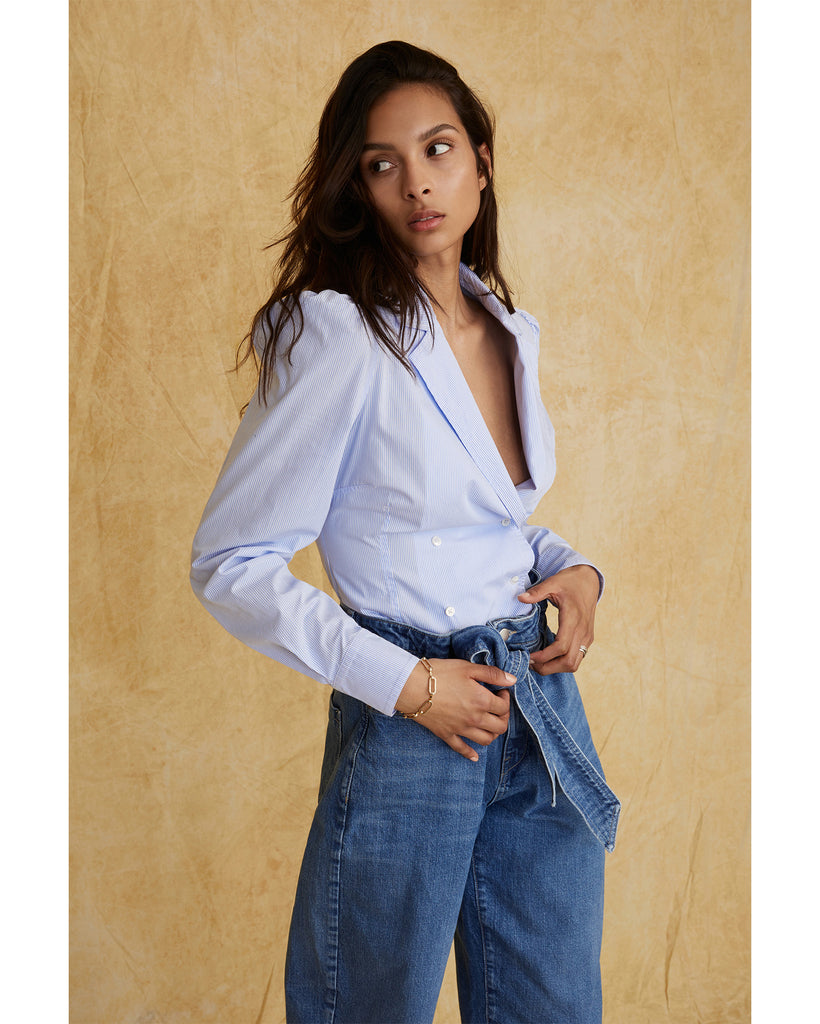 Hadley Double Button Down in Peri Blue Pinstripe | MARISSA WEBB