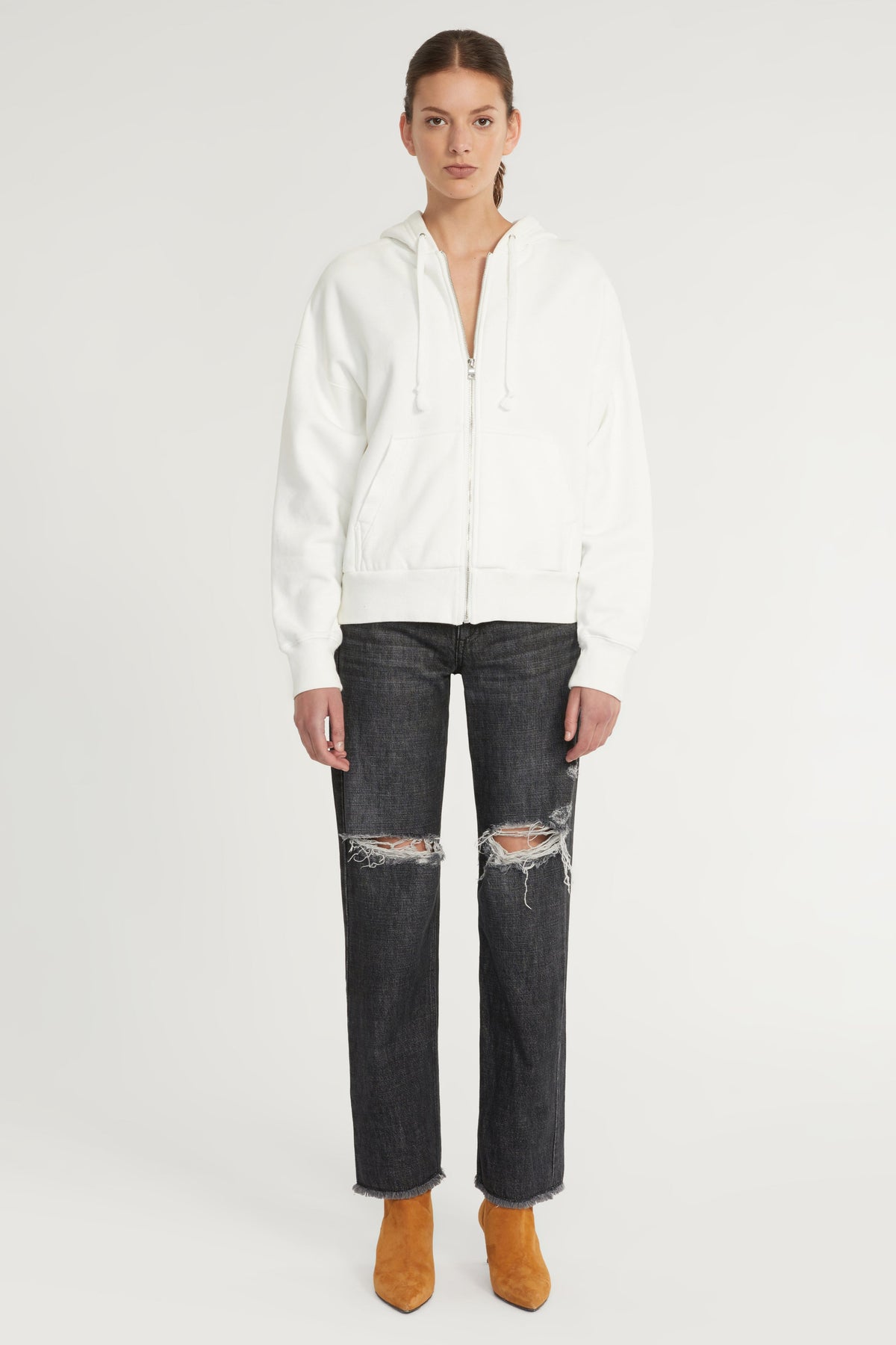 Finley Plush Drop Shoulder Zip Front Hoodie in White