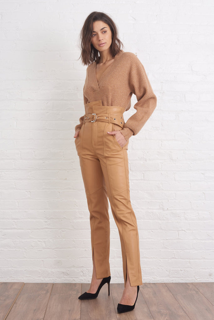 Fritz Ribbed Cashmere Blend V Neck Sweater in Camel