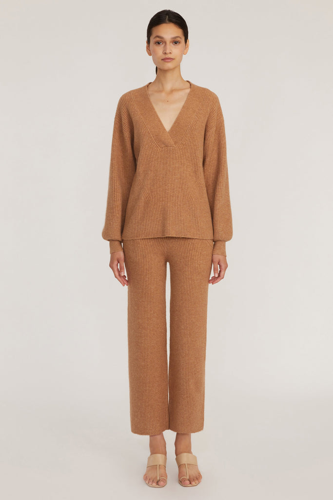 Fritz Ribbed Cashmere Blend V Neck Sweater in Camel
