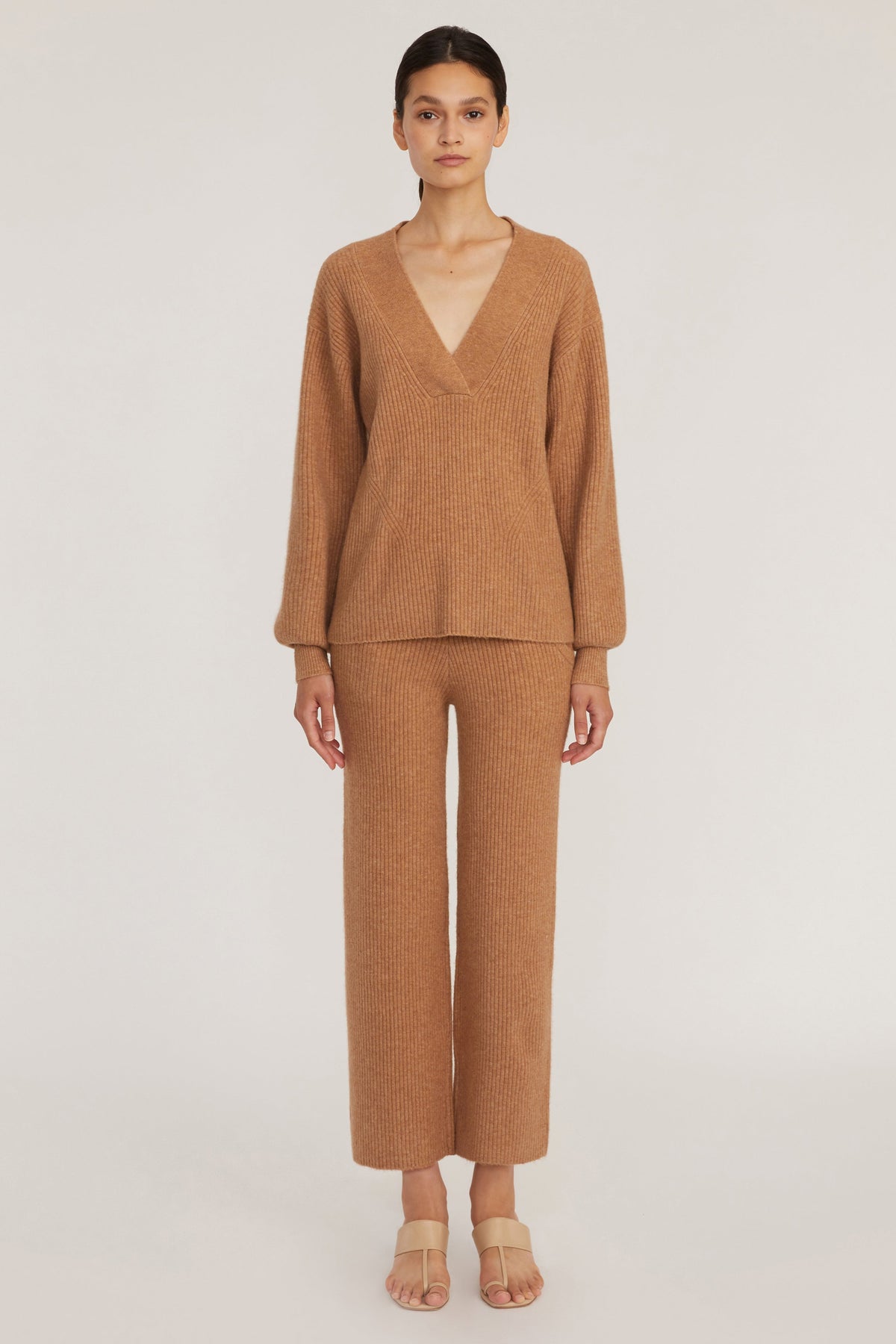 Fritz Ribbed Cashmere Blend V Neck Sweater in Camel