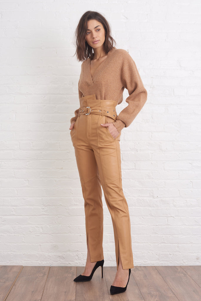 Anniston Split Hem Leather Pant in Fawn