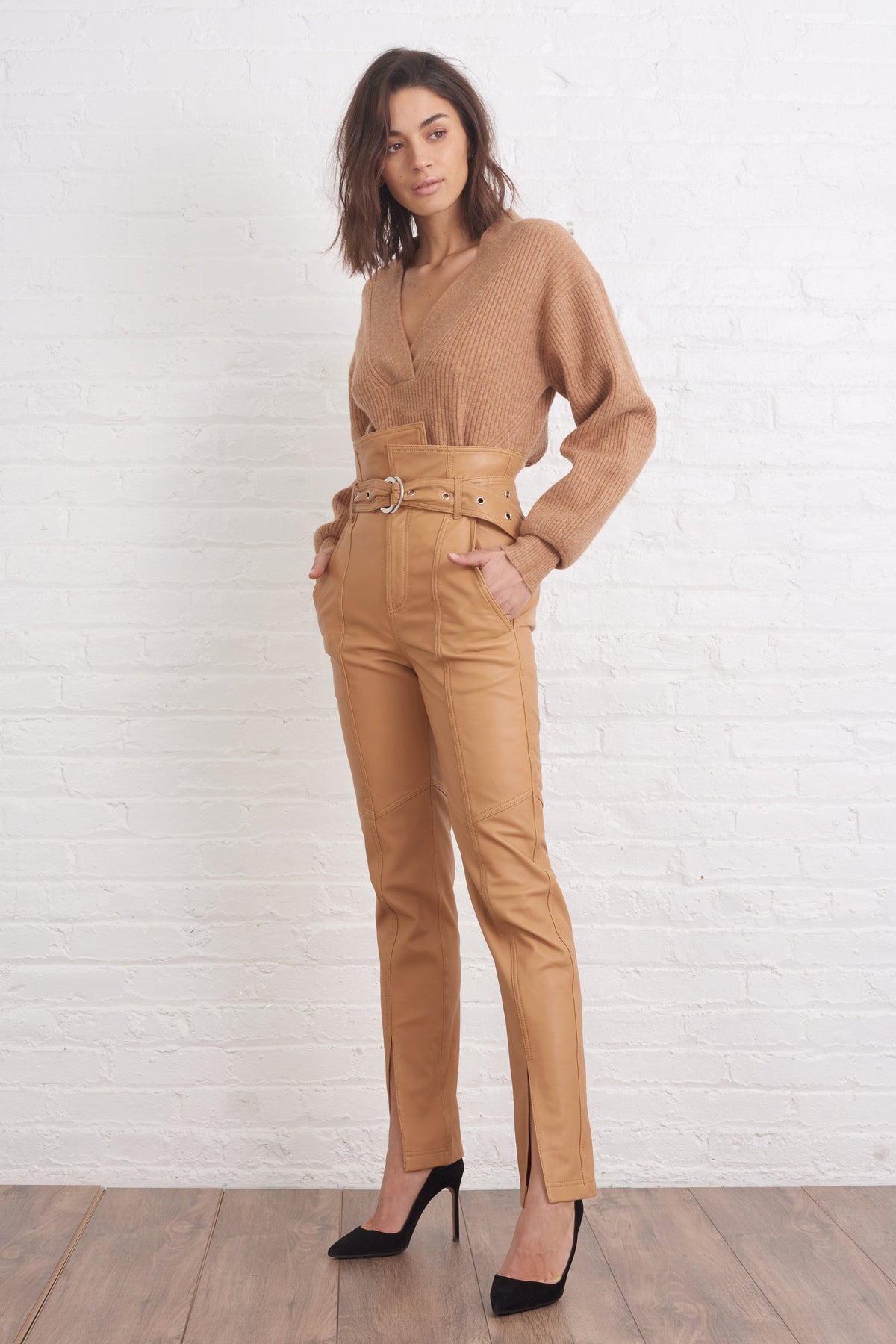 Anniston Split Hem Leather Pant in Fawn