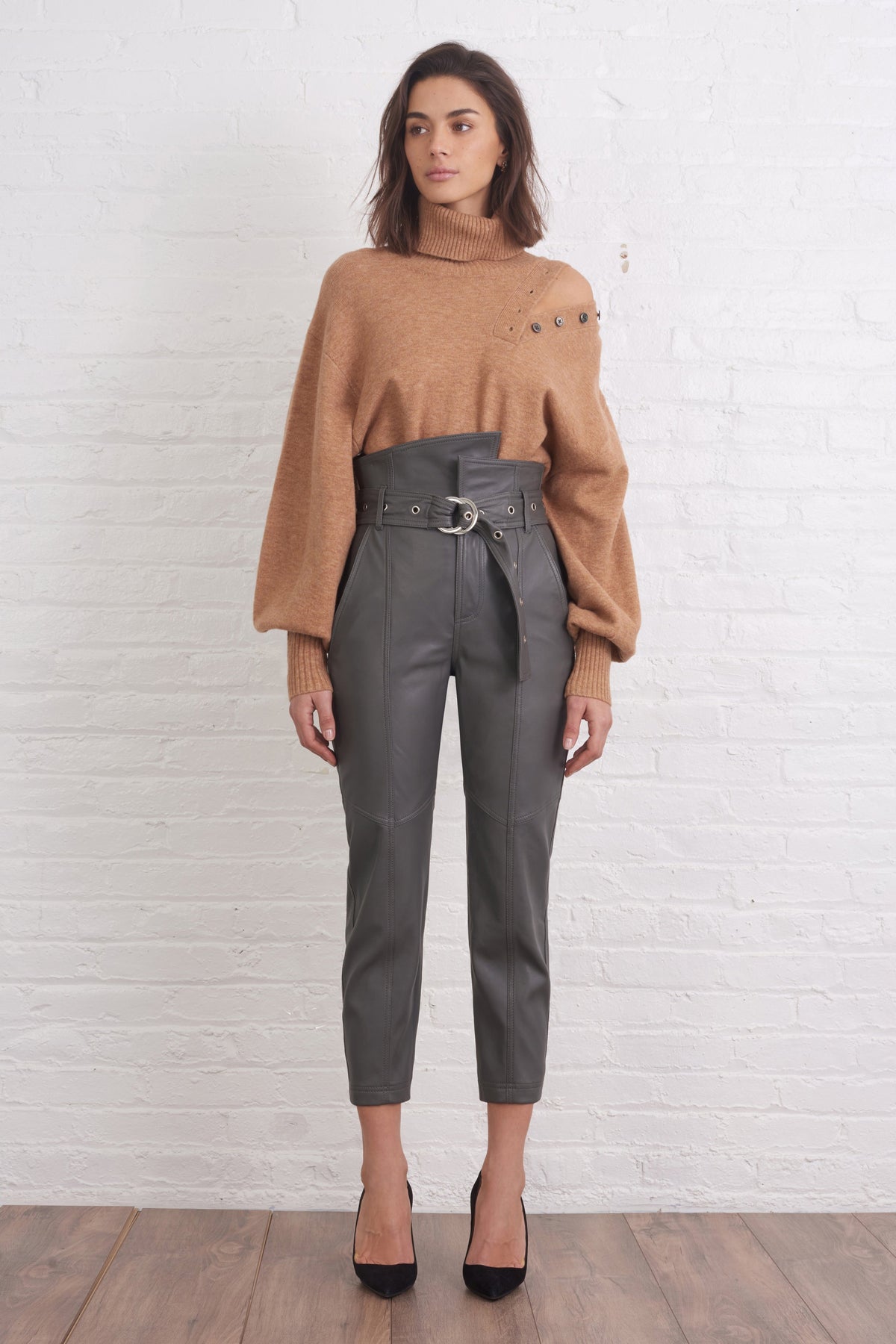 Blake Button Cashmere Blend Turtleneck Sweater in Camel