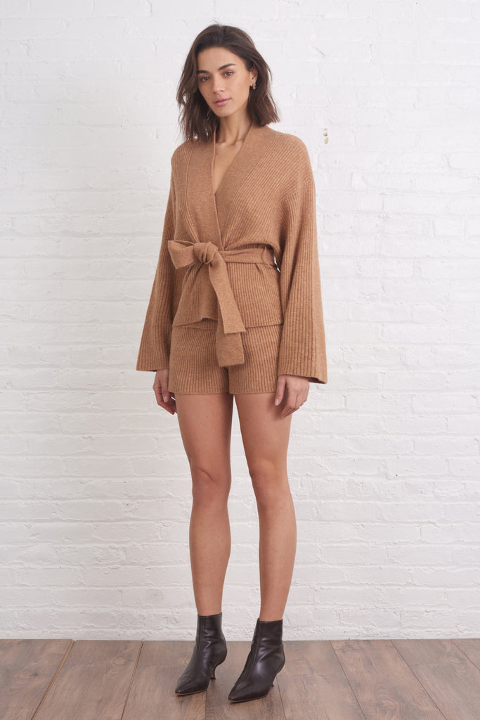Kyrie Cashmere Blend Cropped Cardigan in Camel