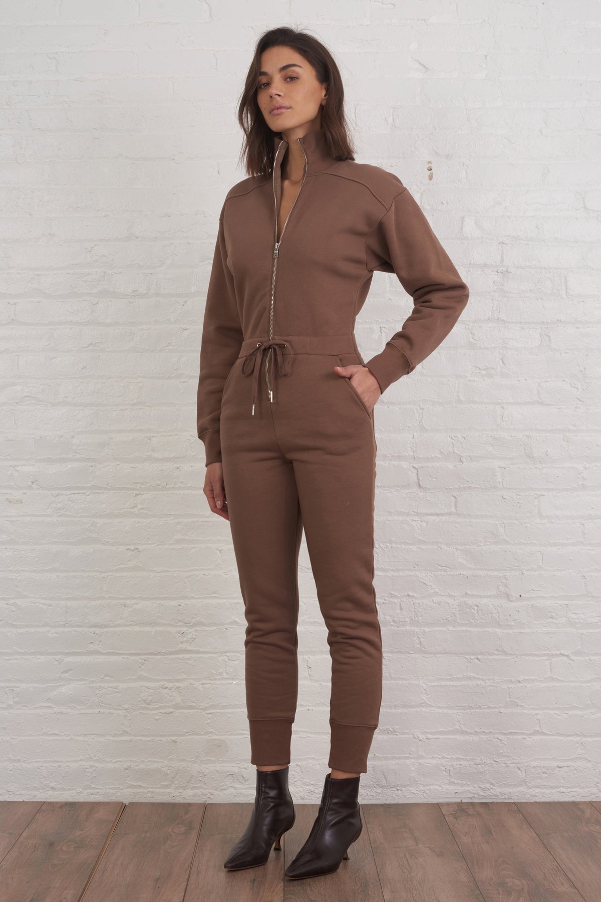 Red-Eye Zip Front French Terry Jumpsuit in Cognac