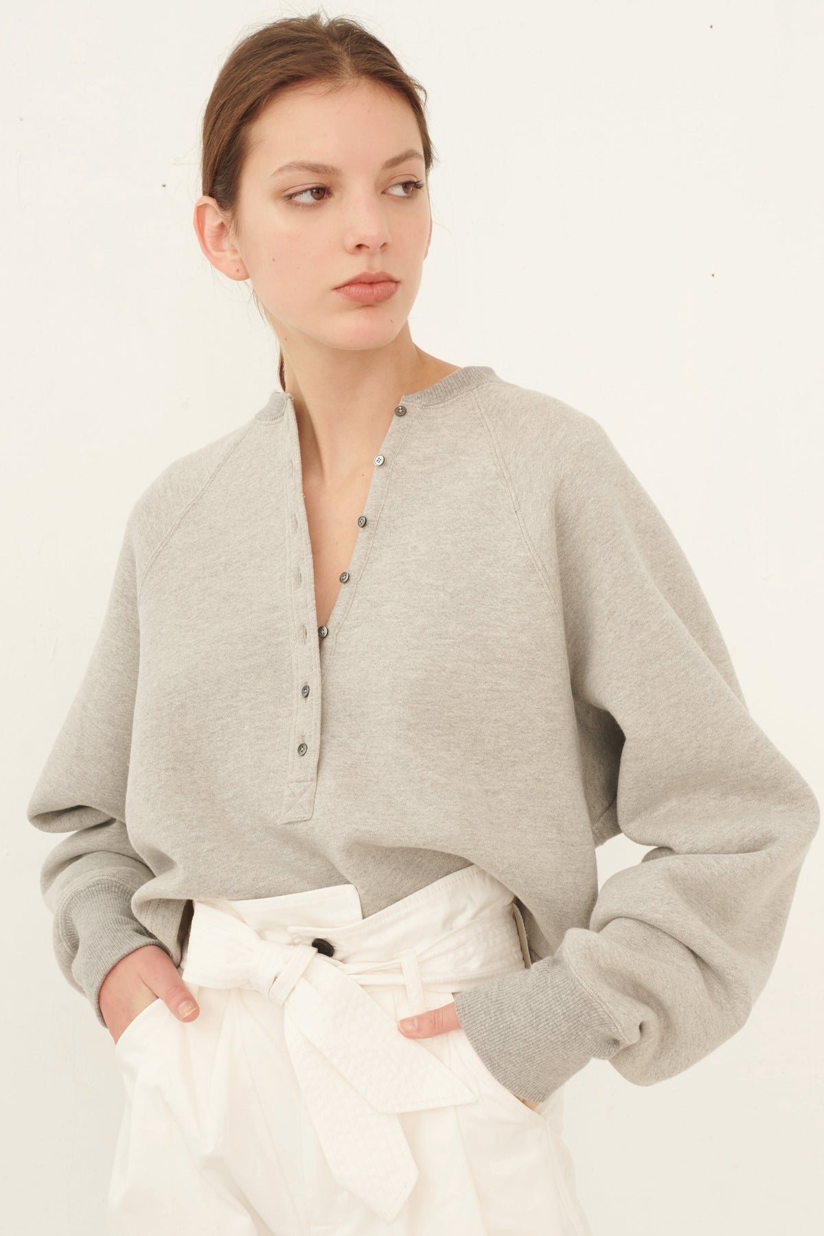 So Uptight Plush Back Plunge Henley Sweatshirt in Heather Grey