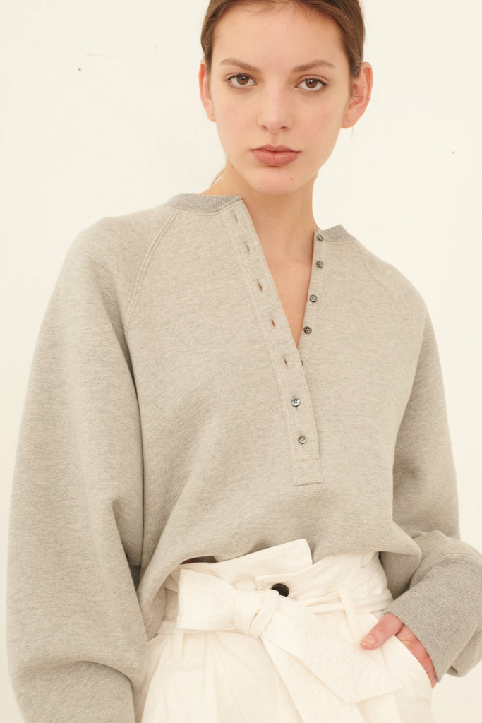 So Uptight Plush Back Plunge Henley Sweatshirt in Heather Grey