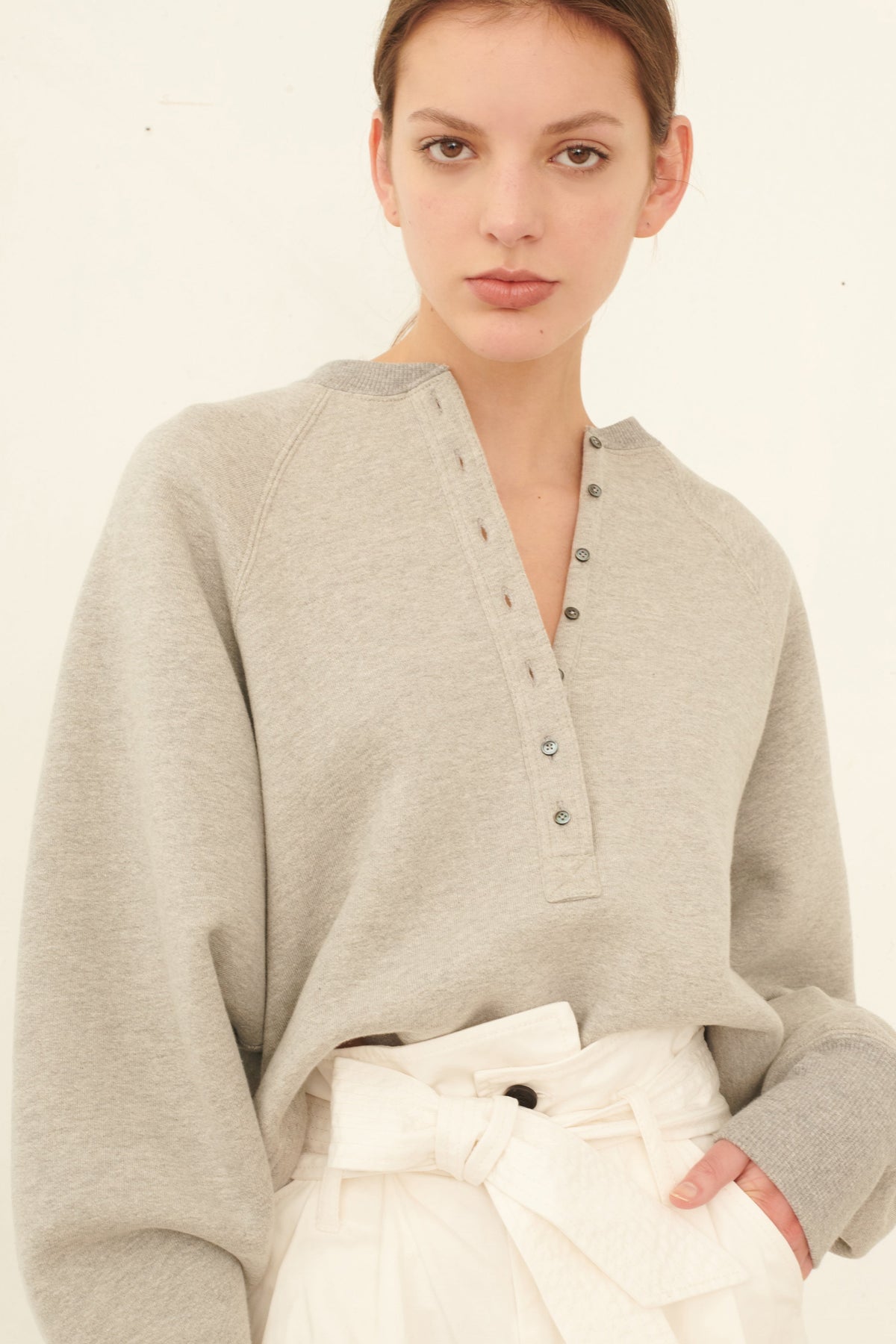 So Uptight Plush Back Plunge Henley Sweatshirt in Heather Grey