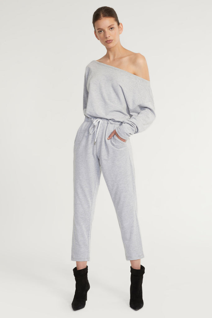 Marlo Drop Shoulder Knit Jumpsuit in Light Heather Grey