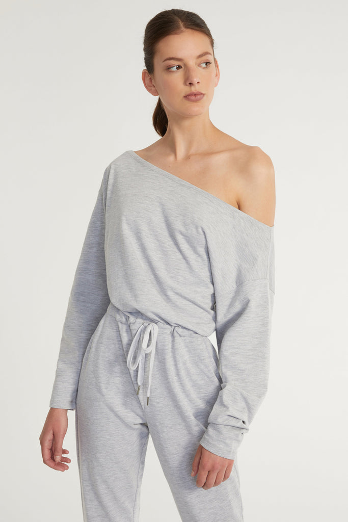 Marlo Drop Shoulder Knit Jumpsuit in Light Heather Grey
