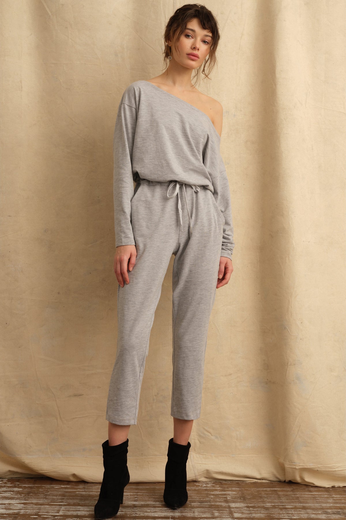 Marlo Drop Shoulder Knit Jumpsuit in Light Heather Grey