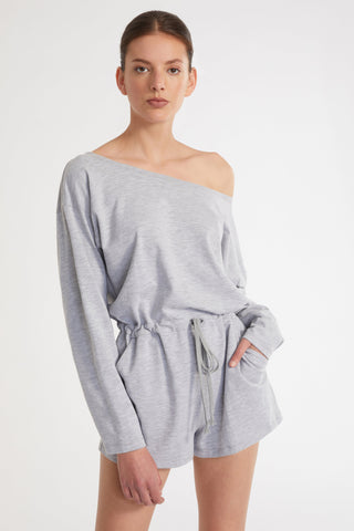 Marlo Drop Shoulder Knit Romper in Light Heather Grey