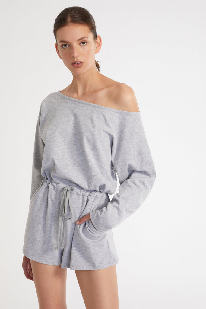Marlo Drop Shoulder Knit Romper in Light Heather Grey