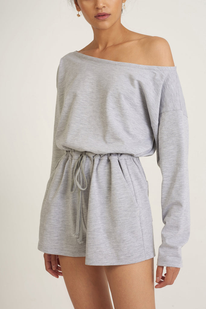 Marlo Drop Shoulder Knit Romper in Light Heather Grey