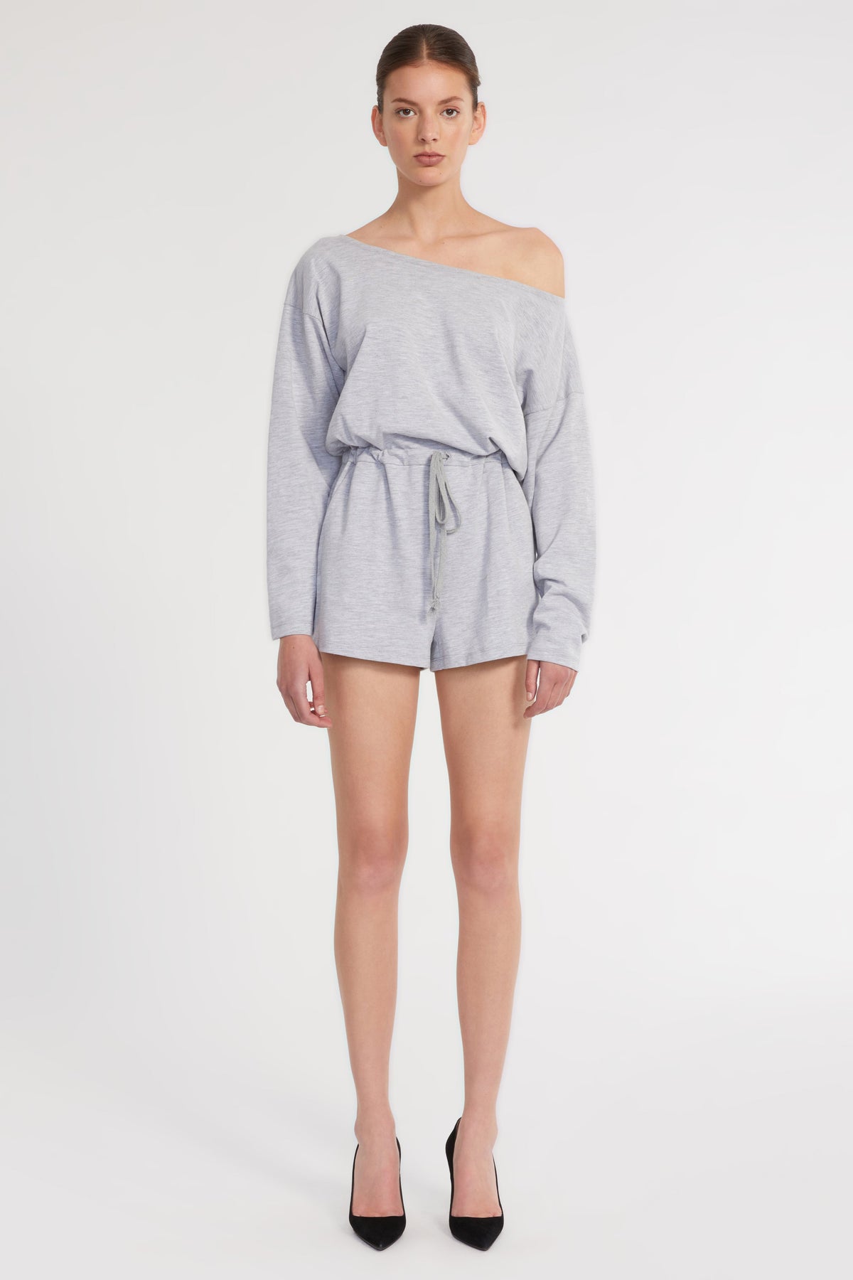 Marlo Drop Shoulder Knit Romper in Light Heather Grey