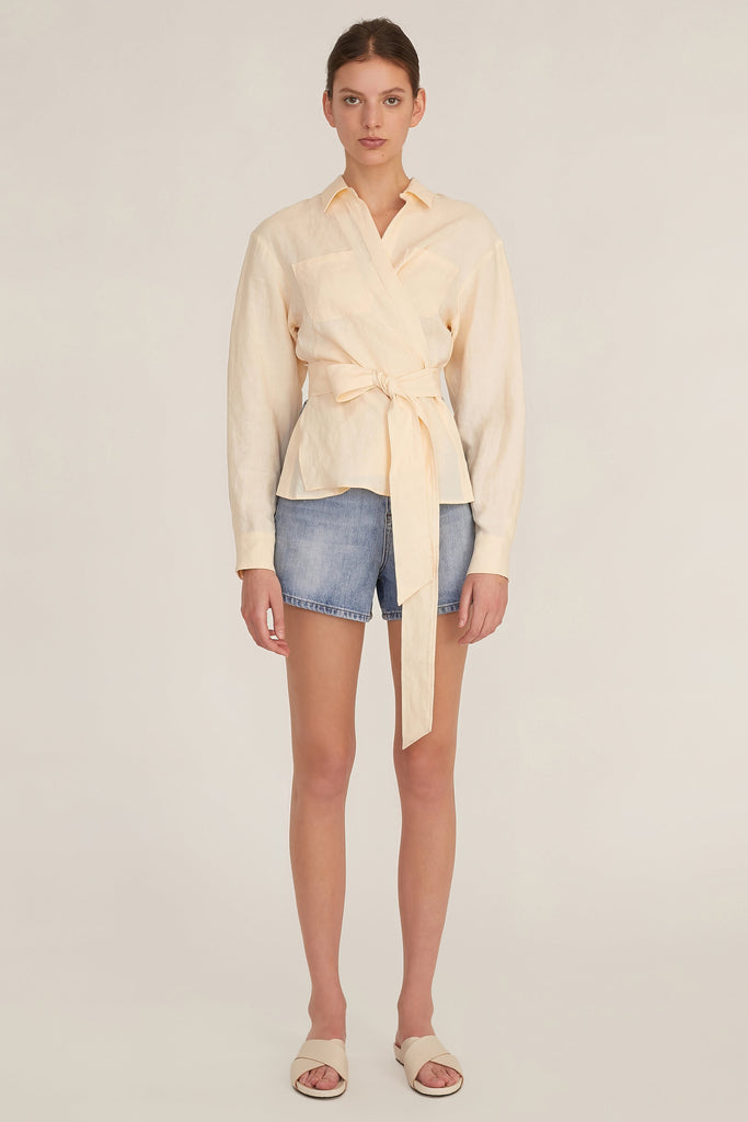 Mila Linen Wrap Front Shirt in Custard