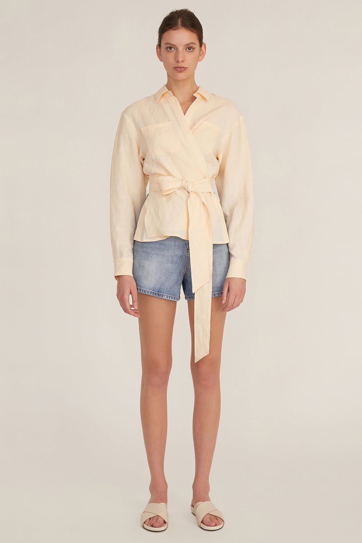Mila Linen Wrap Front Shirt in Custard