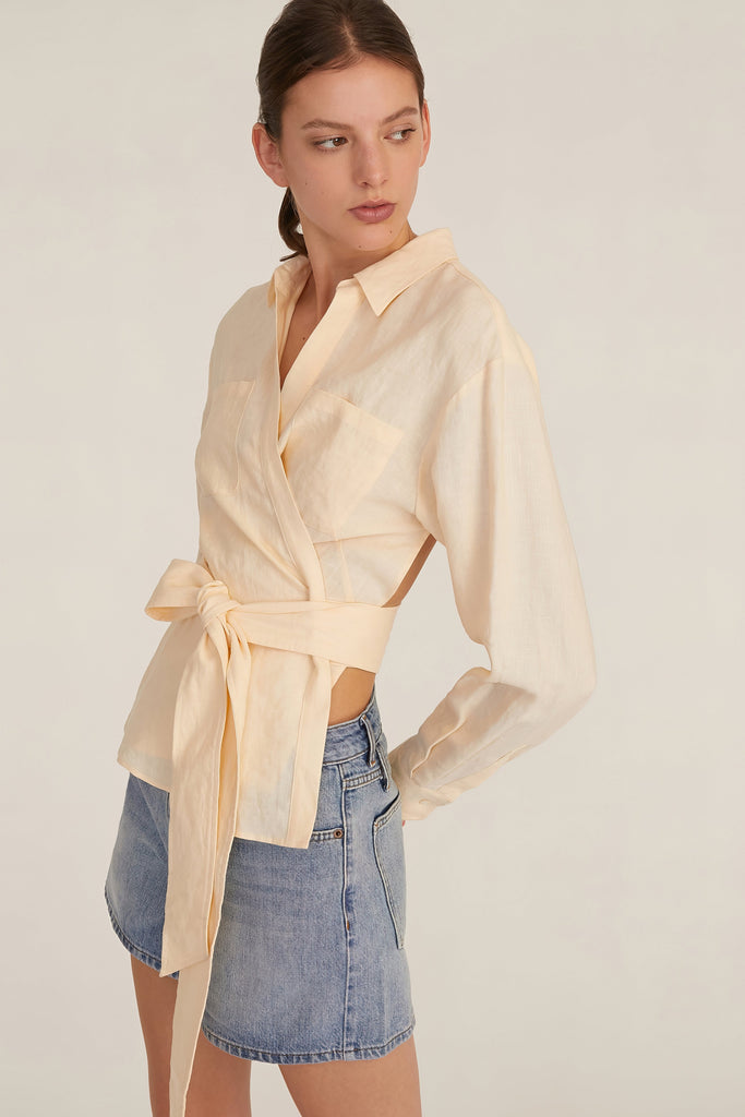 Mila Linen Wrap Front Shirt in Custard
