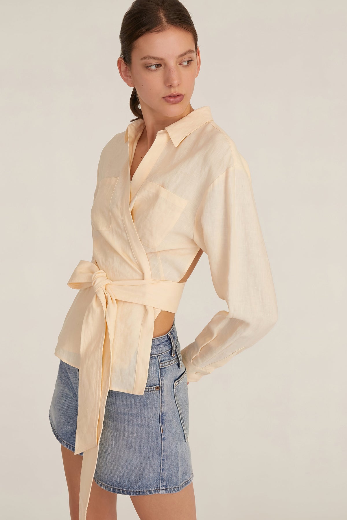 Mila Linen Wrap Front Shirt in Custard